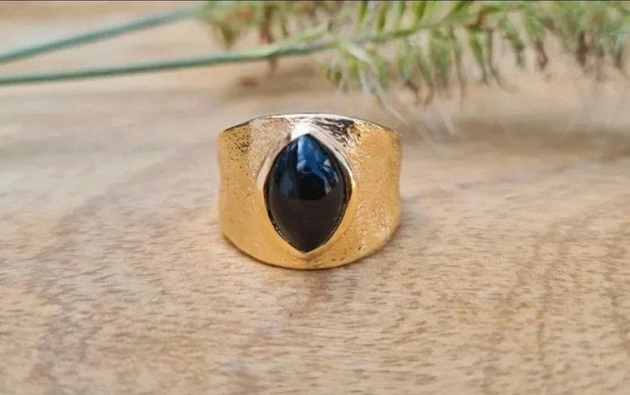 Grosse bague large mariage vintage plaqué or et agate noire taille 52