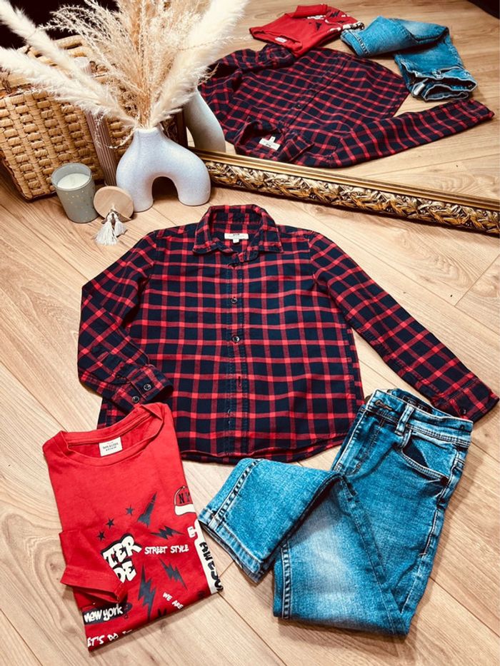 Taille 6 ans ensemble 3p garçon Cyrillus TAO kiabi marine rouge jean * carreaux * 💙