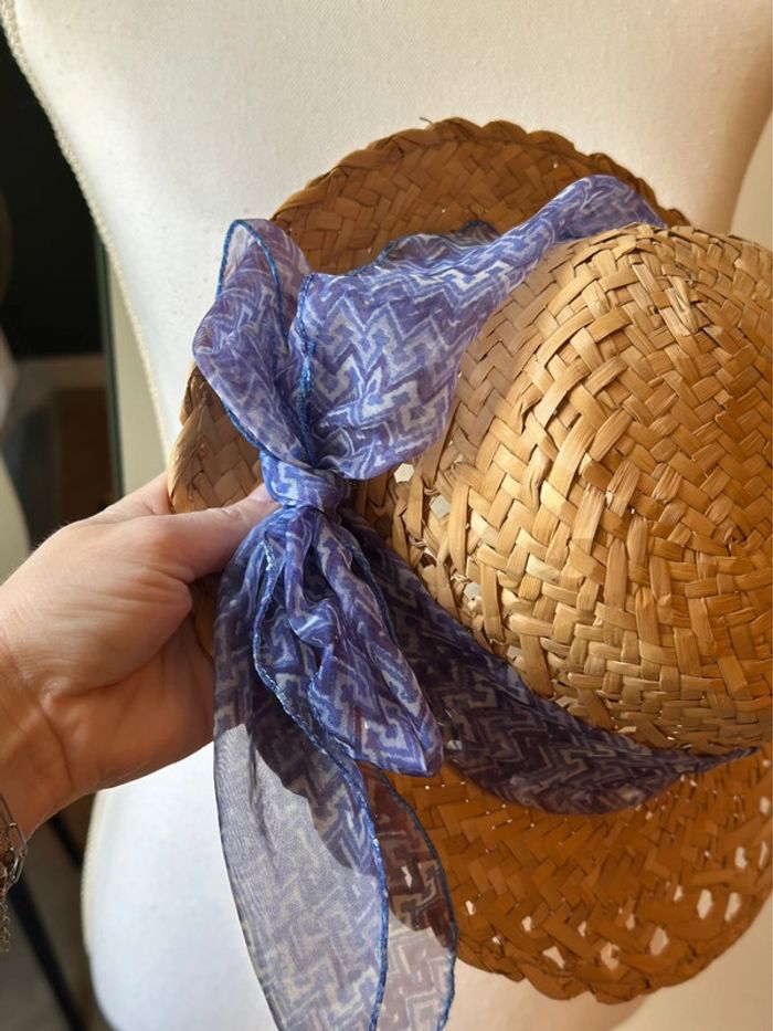 Chapeau en paille ruban imprimé bleu modèle vintage fabriqué en Italie T.U - photo numéro 12