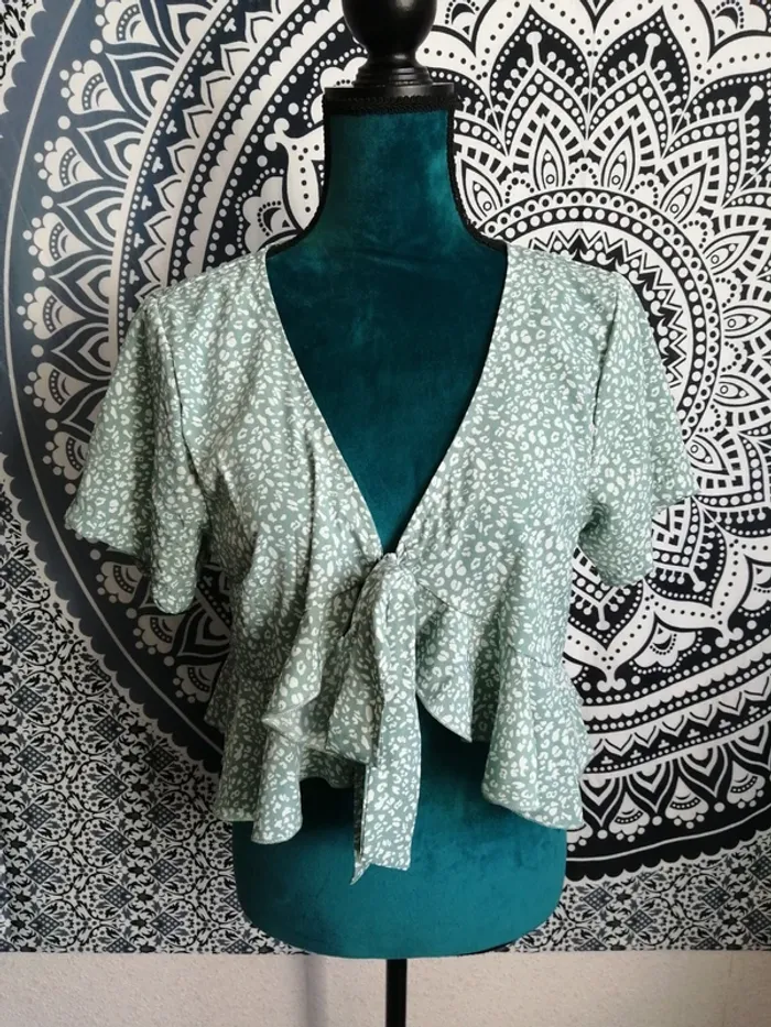Top peplum vert d'eau motifs tâches léopard lien à nouer / shein / (L) - photo numéro 2