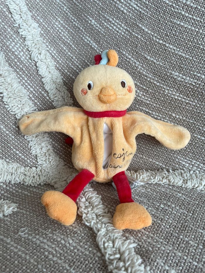 Peluche doudou mouchoir 16cm sucre d’orge poule poussin oiseau jaune et rouge très bon état