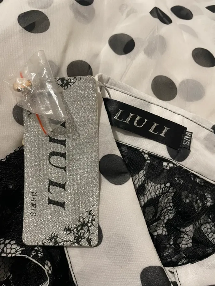Chemise débardeur sans manche neuf Liu Li taille S/M noir à pois blanc à dentelle - photo numéro 7