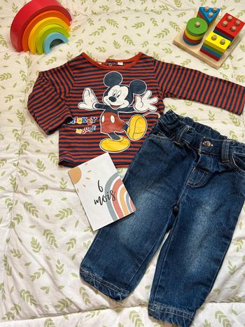 ensemble teeshirt manches longues mickey et jean bleu mickey 6 mois disney