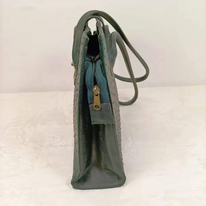 Sac effet cuir autruche vert foncé - fermeture dorée - Anses - style chic rétro S010 - photo numéro 3