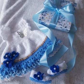 Vêtement bébé fille robe bleue crochet dentelle  papillon doré naissance cadeau maternité