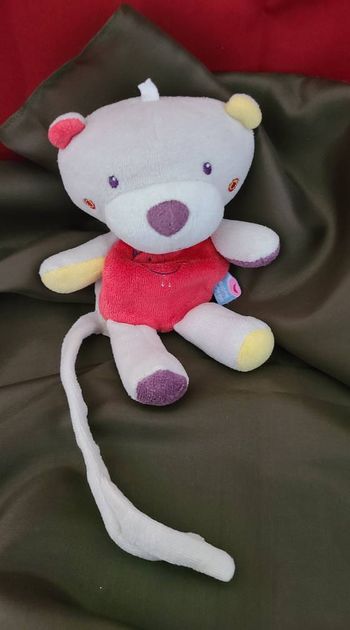 Doudou ours SUCRE D'ORGE oiseau rouge gris attache tétine 18 cm