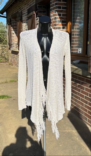 🤍 Gilet long Jennyfer beige/blanc avec franges – Taille 36 (S)