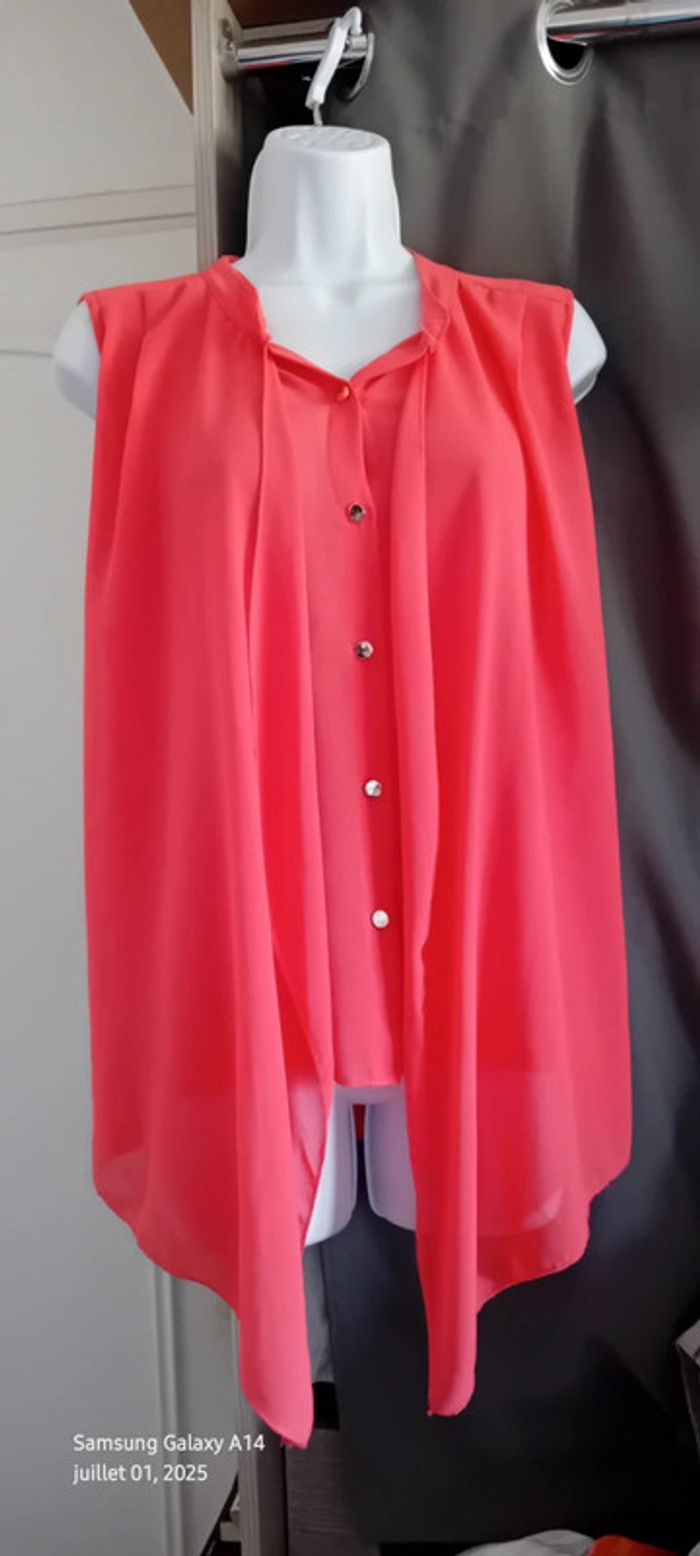 Blouse en voile sans manches assymetrique effet superposé corail femme xl made in italy - photo numéro 9