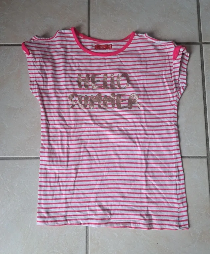 Tee shirt manches courtes à rayures rose/blanc 10 ans 👧 Tissaia en TBE