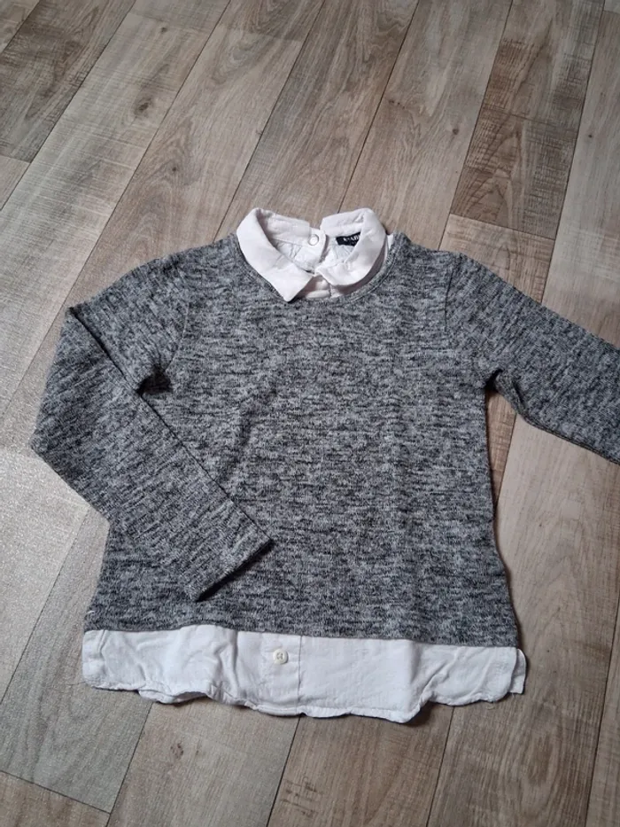 Pull fille effe 2en1 gris chiné et blanc 4 ans