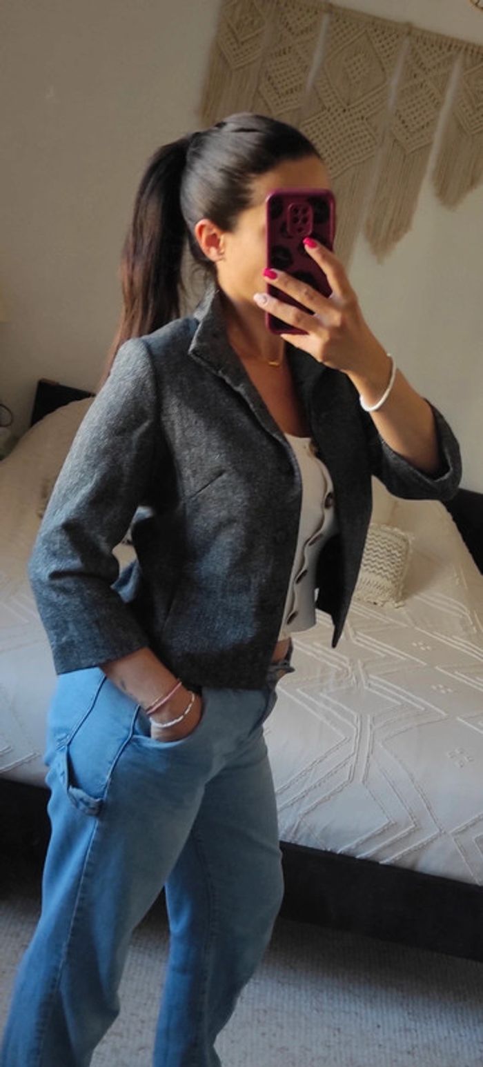 Veste cardigan caban court Caroll 40 gris noir blanc en laine col montant gros bouton, classe - photo numéro 4