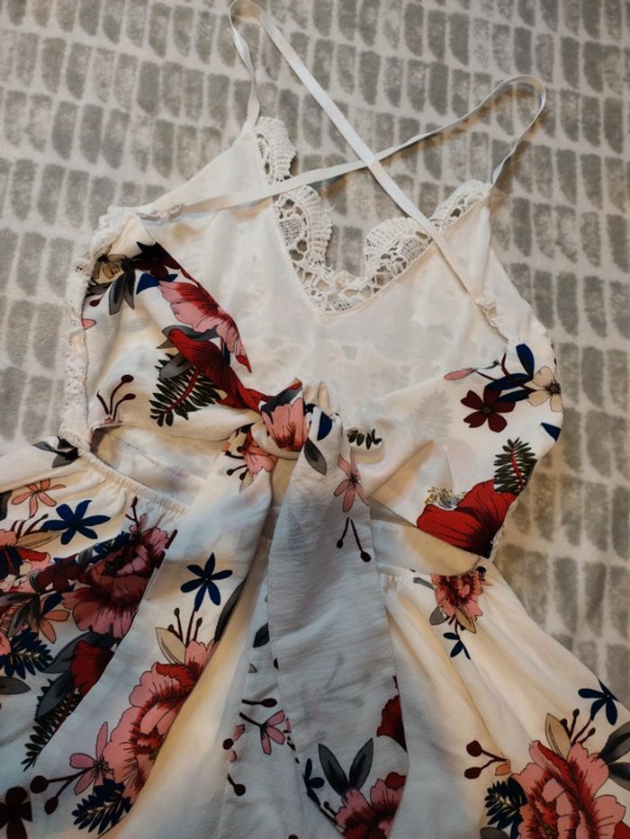 Combinaison short combi-short blanc fleurs multicolores dentelle bretelles réglables taille S 36 - photo numéro 4