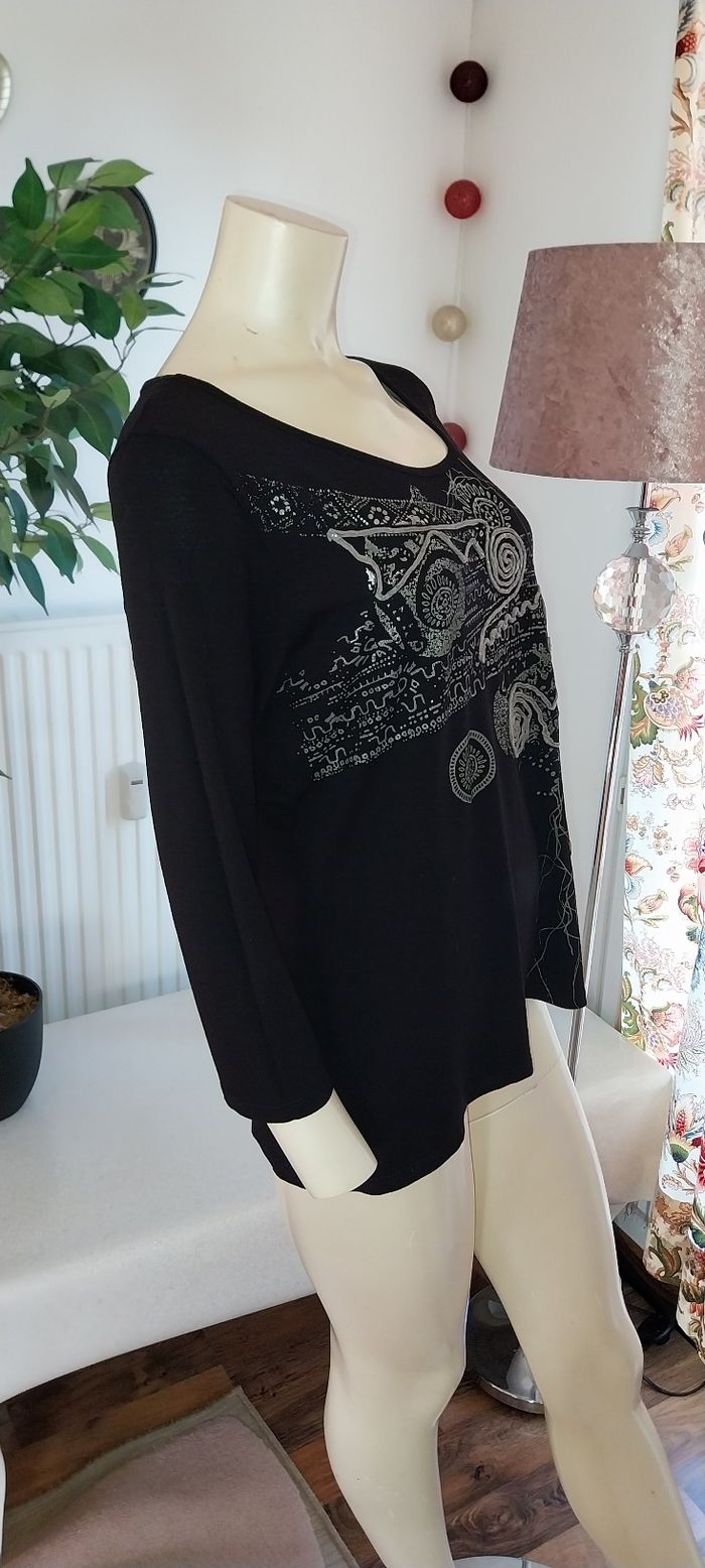 Top/ tunique/ t-shirt manches longues noir Broderies argentées taille 40/ 3 / L excellent état - photo numéro 7