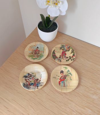 🌿 4 coupelles ou sous-verres "décor japonais" en bambou  🌿