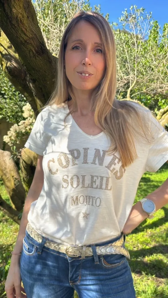 Tee-shirt coton tendance crème avec inscription dorée pailletée Taille unique - photo numéro 6