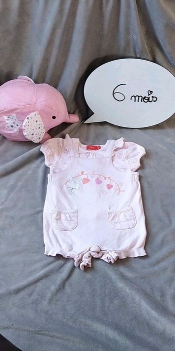 Ensemble été (salopette short+tee shirt manches courtes) 100% coton lapin+cœur Fille 6 mois Tissaia