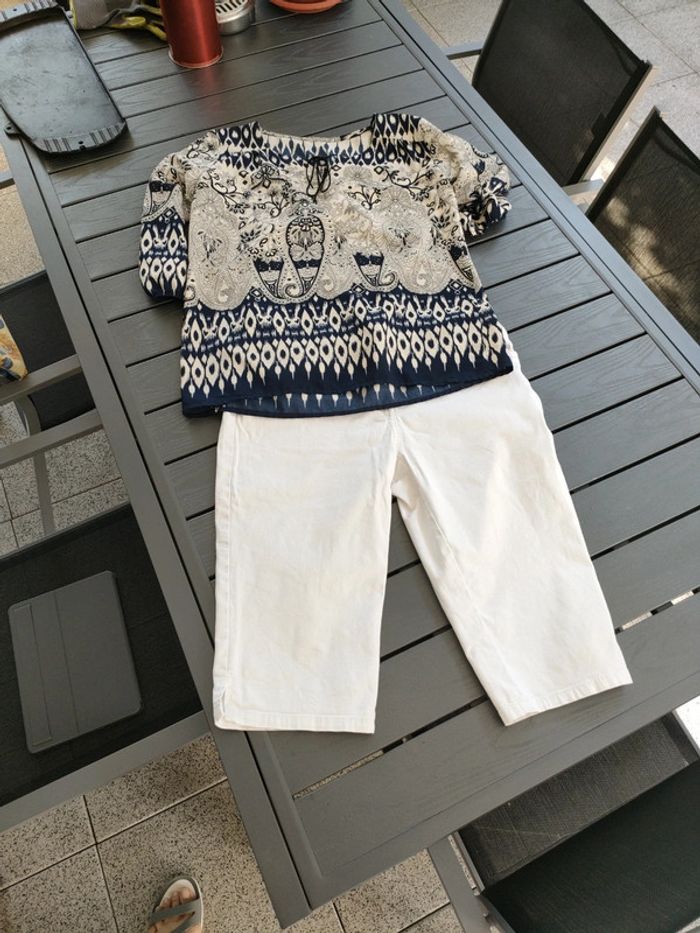 blouse S M bleu blanc cassé