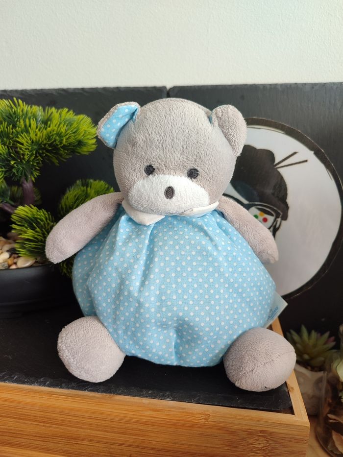 peluche Doudou ours boule Musti mustela bleu pois point blanc gris PE0231