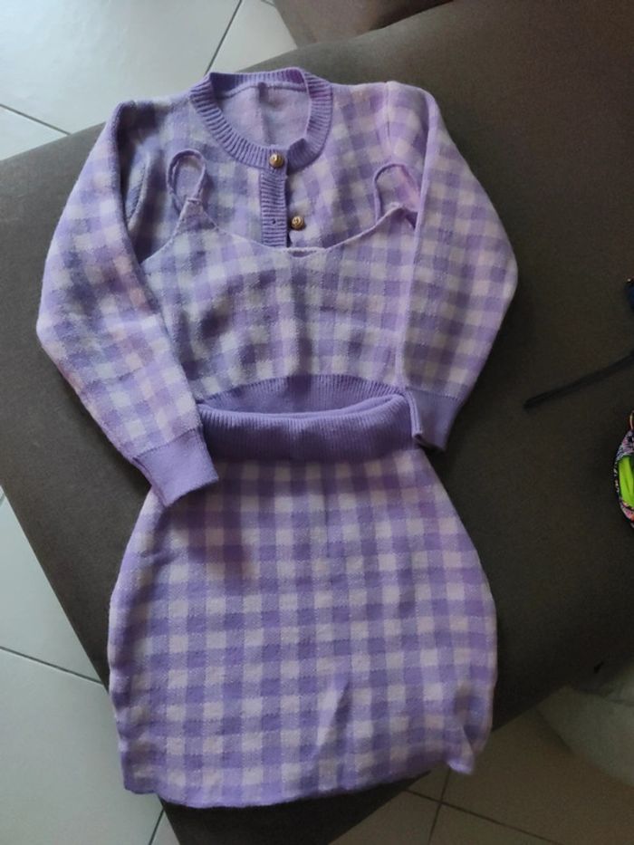 Ensemble 3 pièces mauve à carreaux