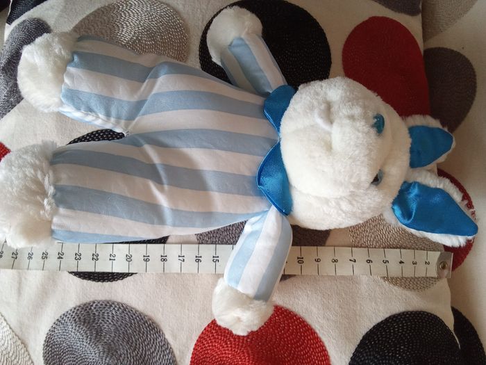 Doudou Pampers  peluche Lapin 25 cm +/-  blanc et bleu bicolore vintage Pampers ancien  vers 1991 rayures   très joli - photo numéro 4