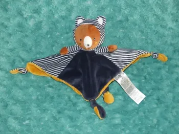 Doudou ours plat bleu blanc jaune Gémo 🐻Neuf