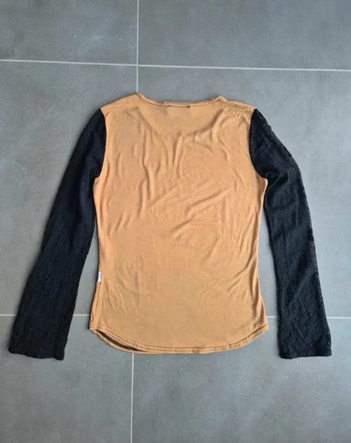 T shirt manches longues beige dentelle noire - photo numéro 2