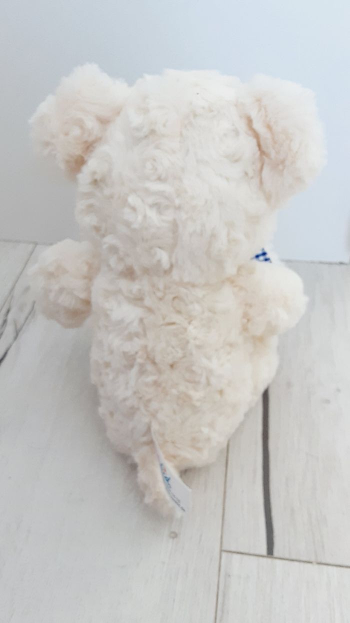 Peluche ours assis ourson nounours blanc crème avec nœud vichy bleu 24 cm Neuf - photo numéro 3