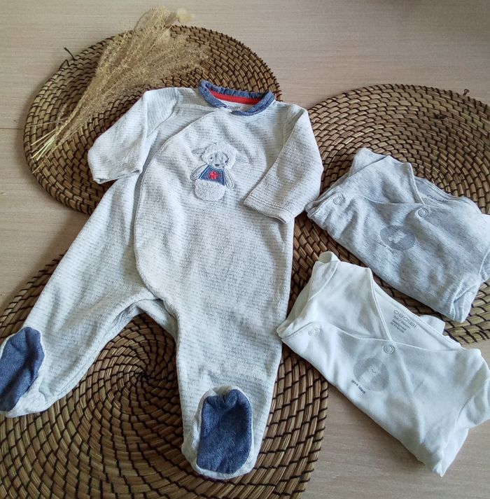Lot babygro velours tons gris + 2 bodies assortis Obaibi - photo numéro 1