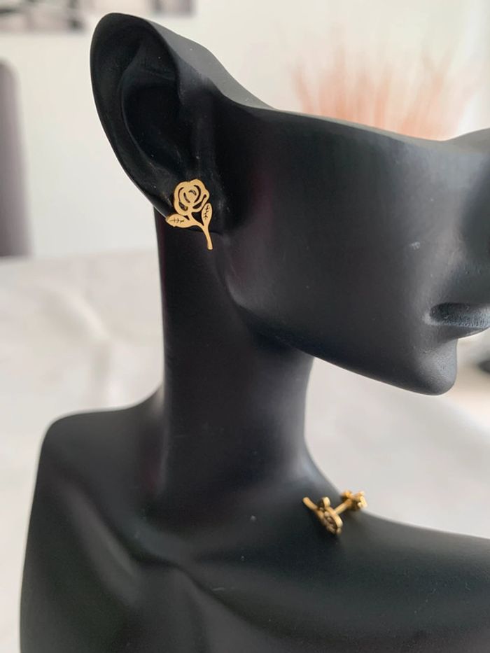 Boucles d’oreilles fleur rose en acier inoxydable doré - photo numéro 4