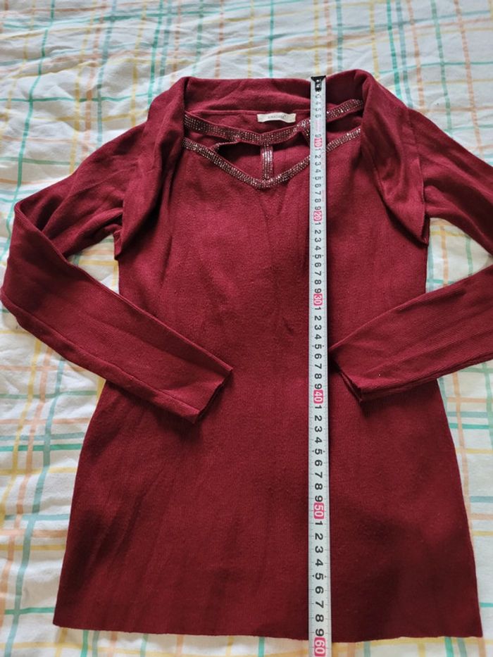 Pull bordeaux taille unique, col ajouré strass - photo numéro 4