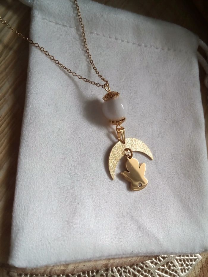 Collier pierre de lune , lune et ange avec zircon en acier inoxydable