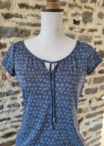 Blouse manches courtes bleu marine et blanc à motifs Camaïeu Taille 1 ou 36