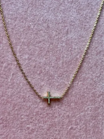 Collier chaîne réglable acier inoxydable or croix horizontale zircons