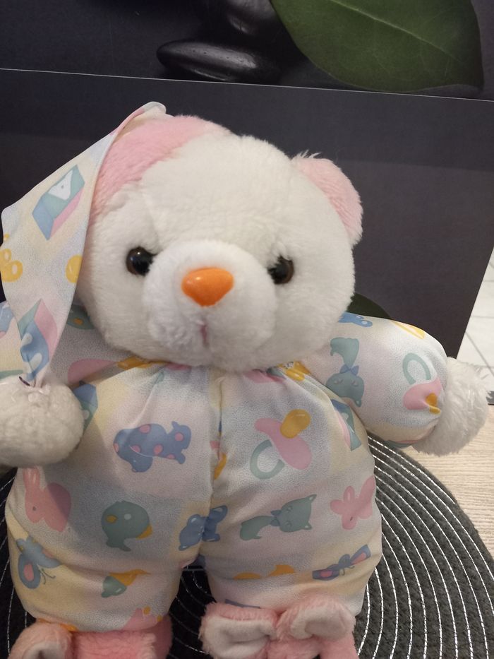 Peluche ours ABC vintage 32cm pantoufles lapins - photo numéro 2