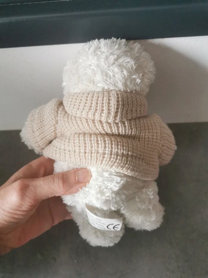 Peluche doudou ours nounours blanc pull khimo beige - photo numéro 2