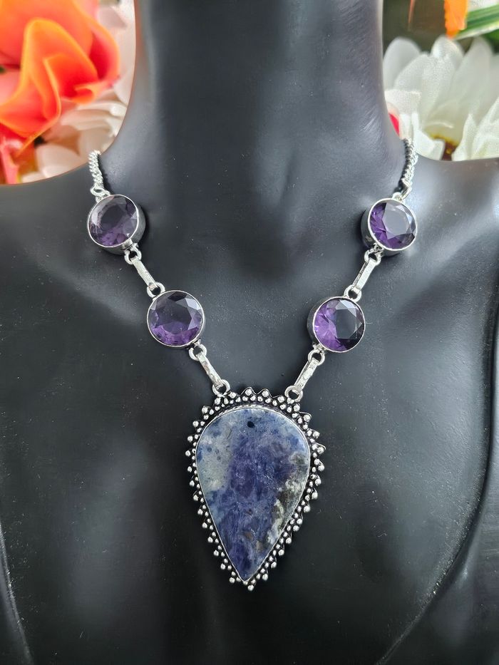 Collier en argent sterling 925 avec pierre sodalite et améthyste