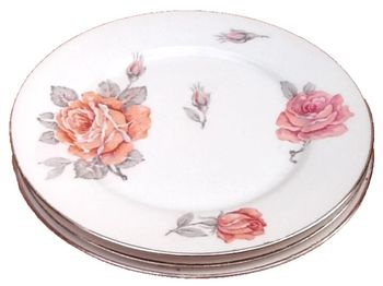 3 assiettes plates Porcelaine blanche à décor de roses Liseré argenté