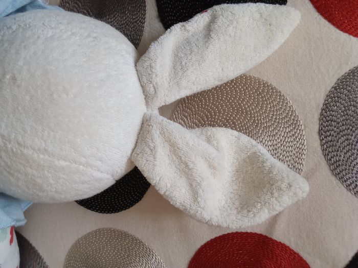 Doudou peluche lapin blanc Minouche vintage ancien tissu imprimé fleurs rouges jaunes floral fleuri - photo numéro 3