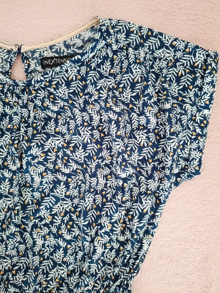 Robe manches courtes 8 ans tissu fluide bleu marine motif feuillage blanc - photo numéro 2