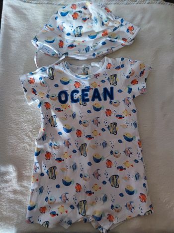 Ensemble combinaison short et chapeau océan T. 6 mois