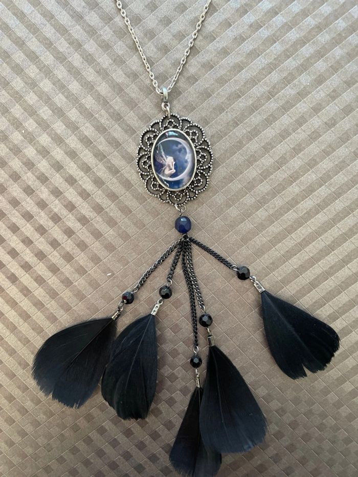 Collier cabochon plume noir - photo numéro 3