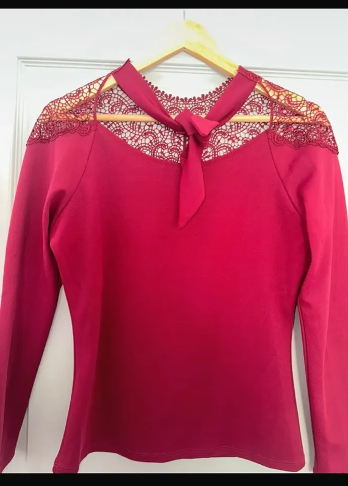 T shirt blouse manches longues épaules en dentelle bordeaux Morgan - photo numéro 2