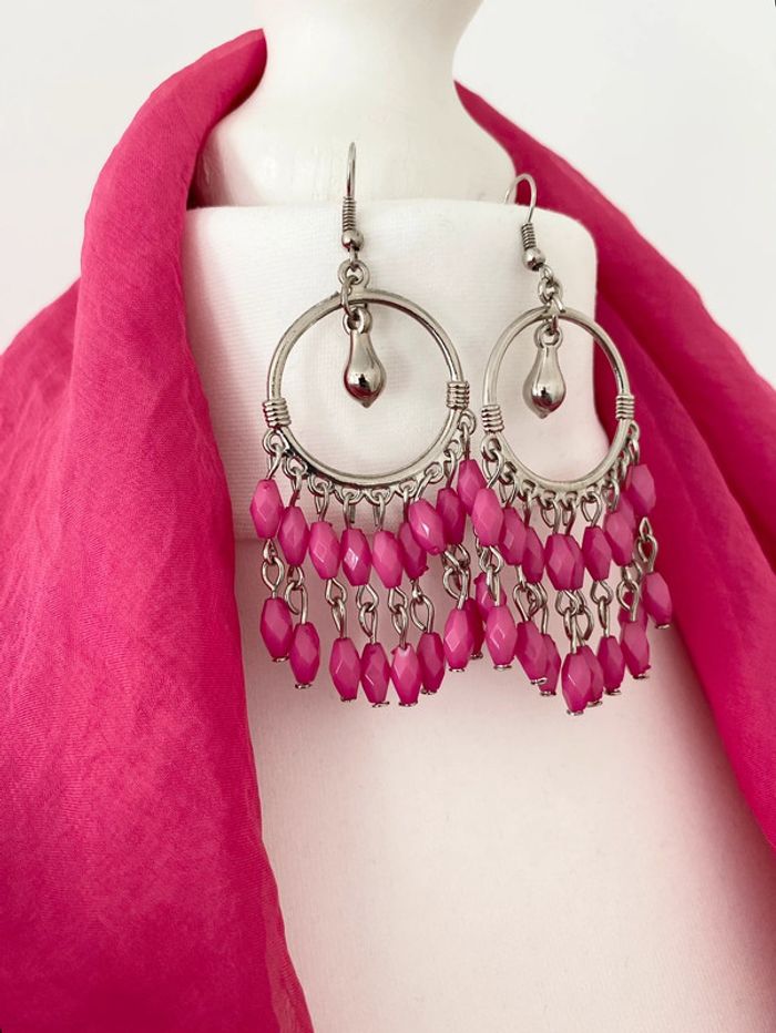 Boucles d’oreilles bohème - rose fuchsia et argenté - Neuves