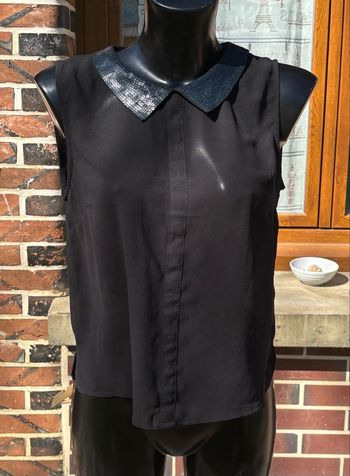 🖤 Top noir sans manches col Claudine sequins – Taille 38