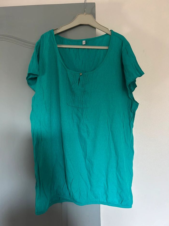 Jolie blouse bleu/vert à petits motifs et serrée • vintage • grande taille / taille unique