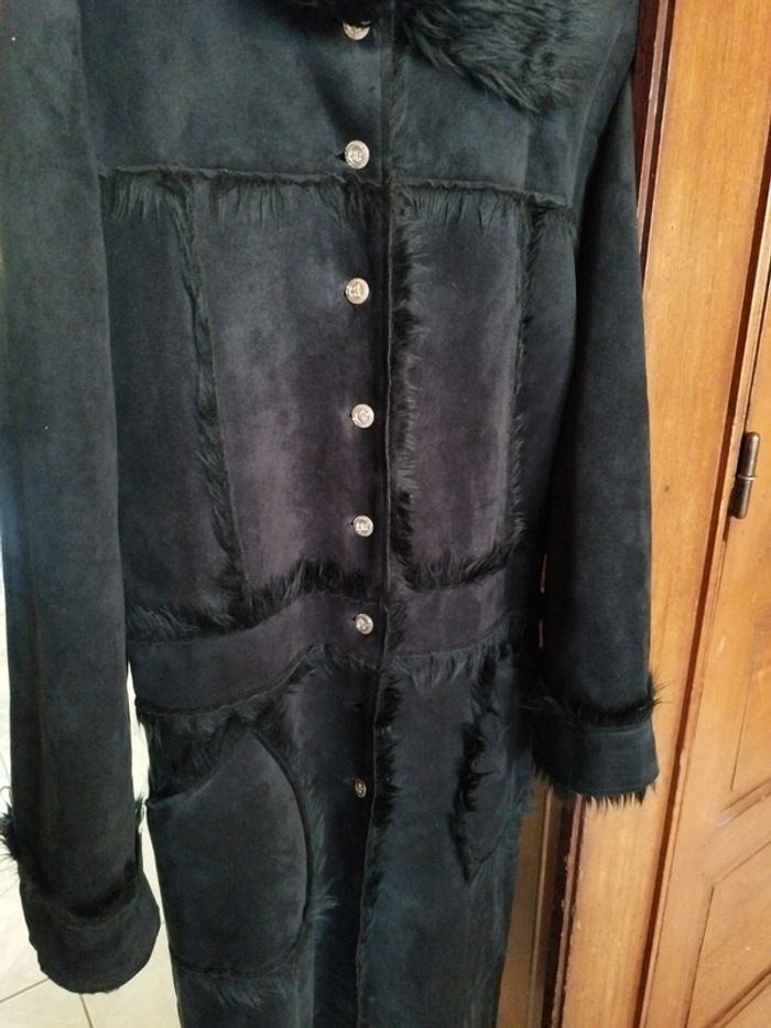 Manteau long noir fausse fourrure faux fur black coat L/40 vintage y2k - photo numéro 8