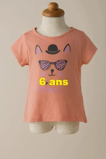 Tee shirt manche courte abricot motif chat Taille 6 ans