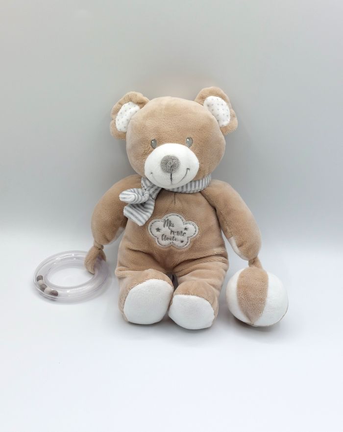 Peluche doudou ours beige blanc POMMETTE ma petite étoile activités grelot écharpe rayures