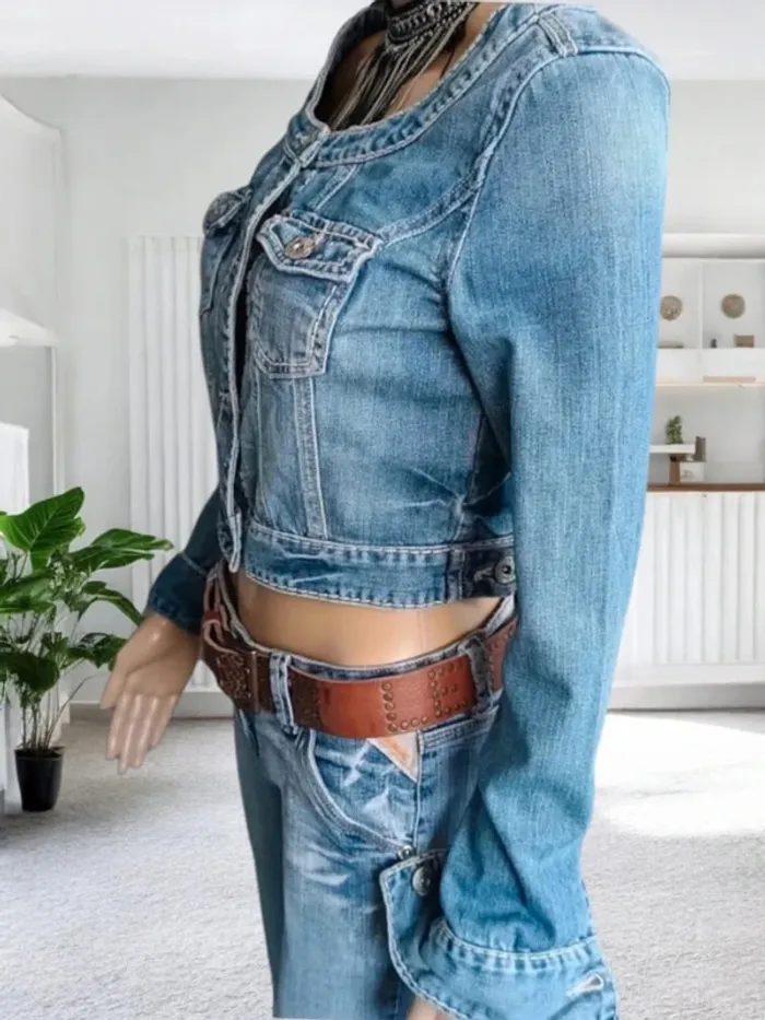 Veste jean La Mode Est à Vous, coupe cropped , col rond large - photo numéro 2