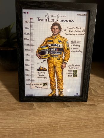 Cadre décoratif – Ayrton Senna – Team Lotus Camel (Honda) – 13×18 cm